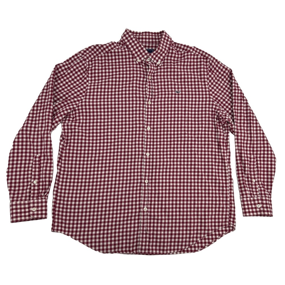 Vineyard Vines Whale Shirt Men XL White Red Gingham Long Sleeve Button Down Logo